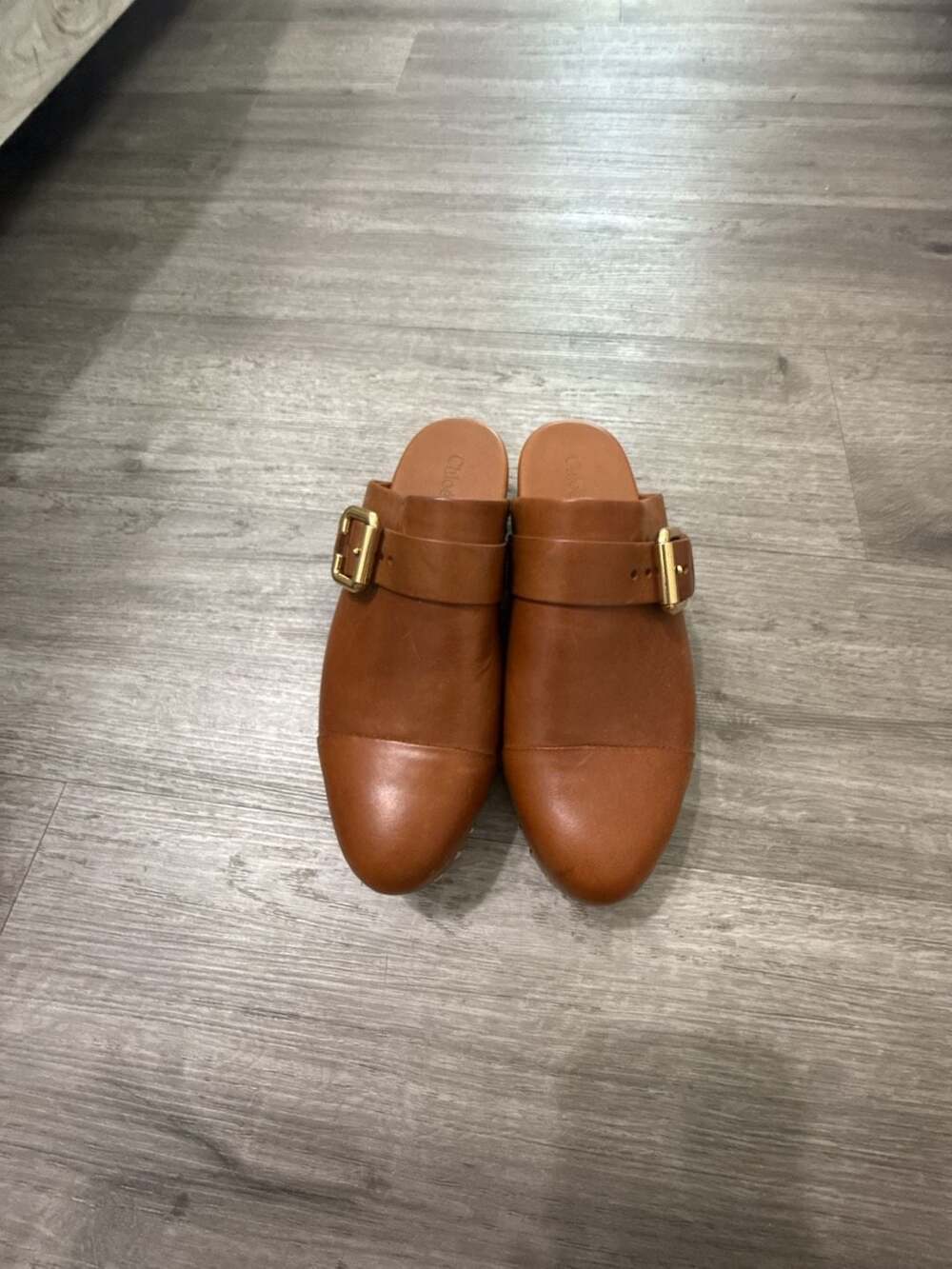 Chloe Leather Buckle Mules Slides Tan Brown